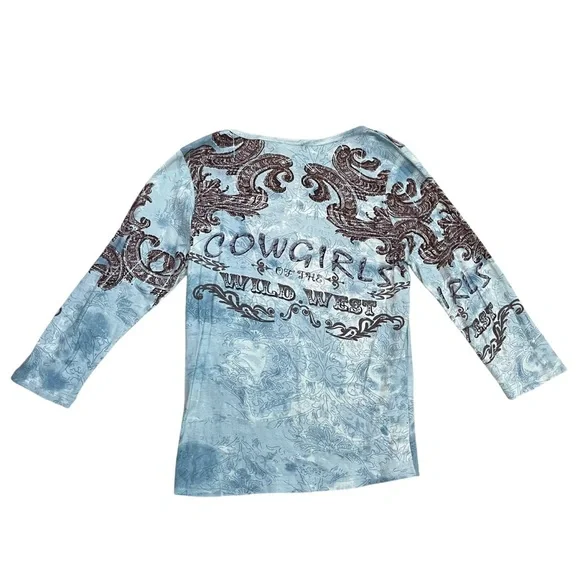 Y2K Vintage Women’s Blue Printed Cowgirls Of The Wild West 3/4 Sleeve T-Shirt - Picture 5 of 5